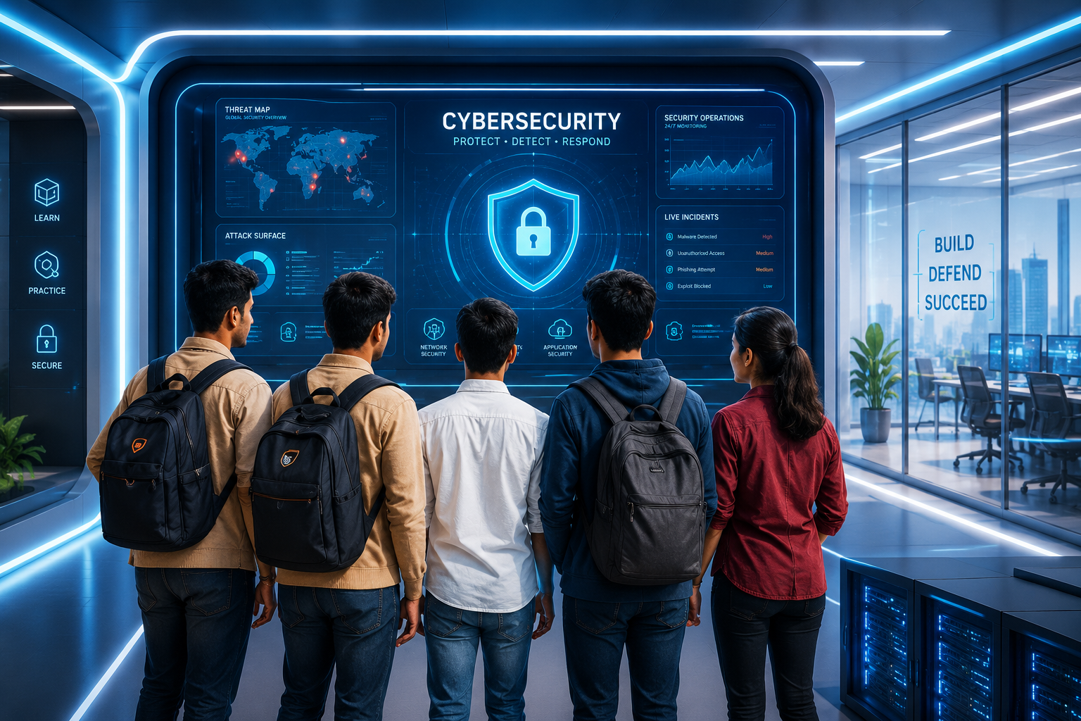 Cybersecurity learners viewing a security operations dashboard in a modern cyber lab